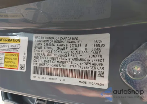 2024 Honda Civic Sport from USA, damaged, VIN 2HGFE2F56RH582867